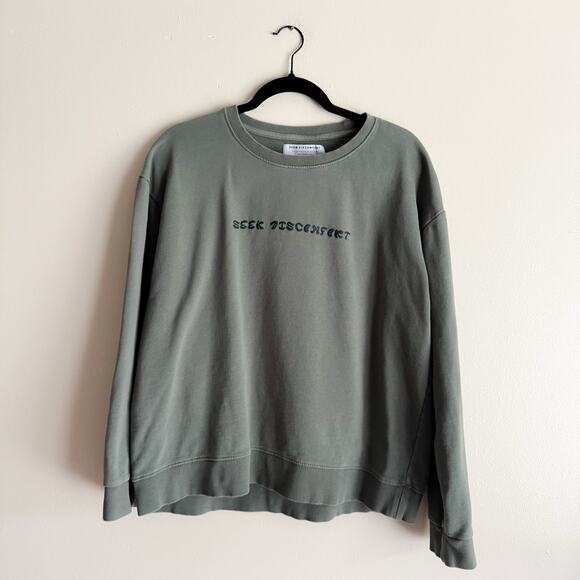 Seek Discomfort Olive Green Drab Raised Print Crewneck Sweatshirt Large - Picture 1 of 8